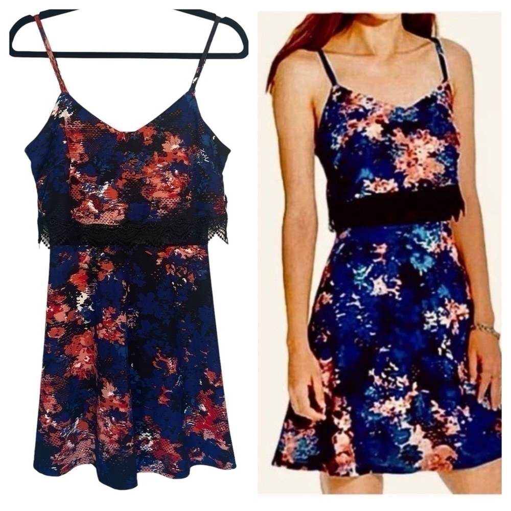 Material Girl Floral Print Spaghetti Strap Mesh & Lace Mini Dress Medium